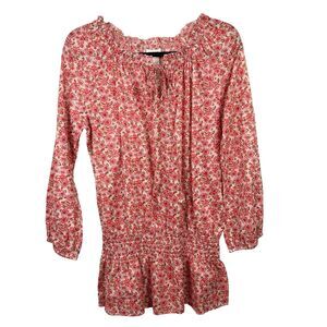 Sundance Pink Floral Smocked Peplum Tunic Top Beaded 3/4 Puff Sleeve Tie Neck S